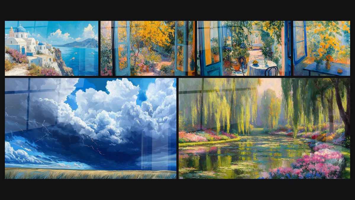 Mosaïque de six tableaux, dont Caldera Fleurie, Éclair Champêtre et Jardin fleuri depuis fenêtre ouverte