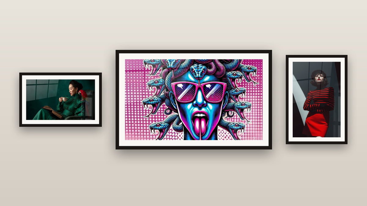Gallery wall with three framed paintings, including Woman beret black skirt red arms crossed and Mythical Pop