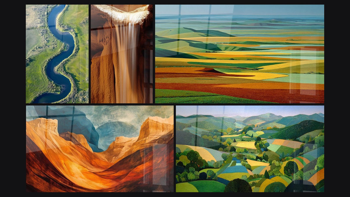 Mosaico di cinque quadri, tra cui Fiume N°1, Meandri Ambrati e Paesaggio valle verdeggiante