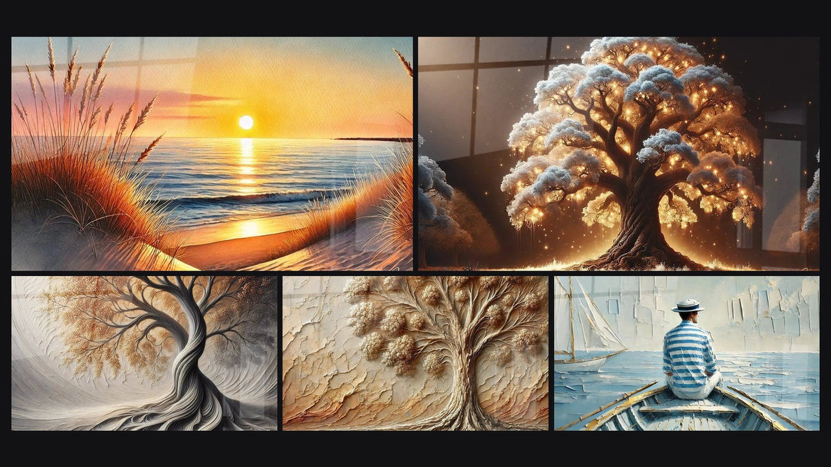 Mosaico di cinque quadri, tra cui Quando il Giorno S'addormenta, Respiro della Terra e Albero della Notte