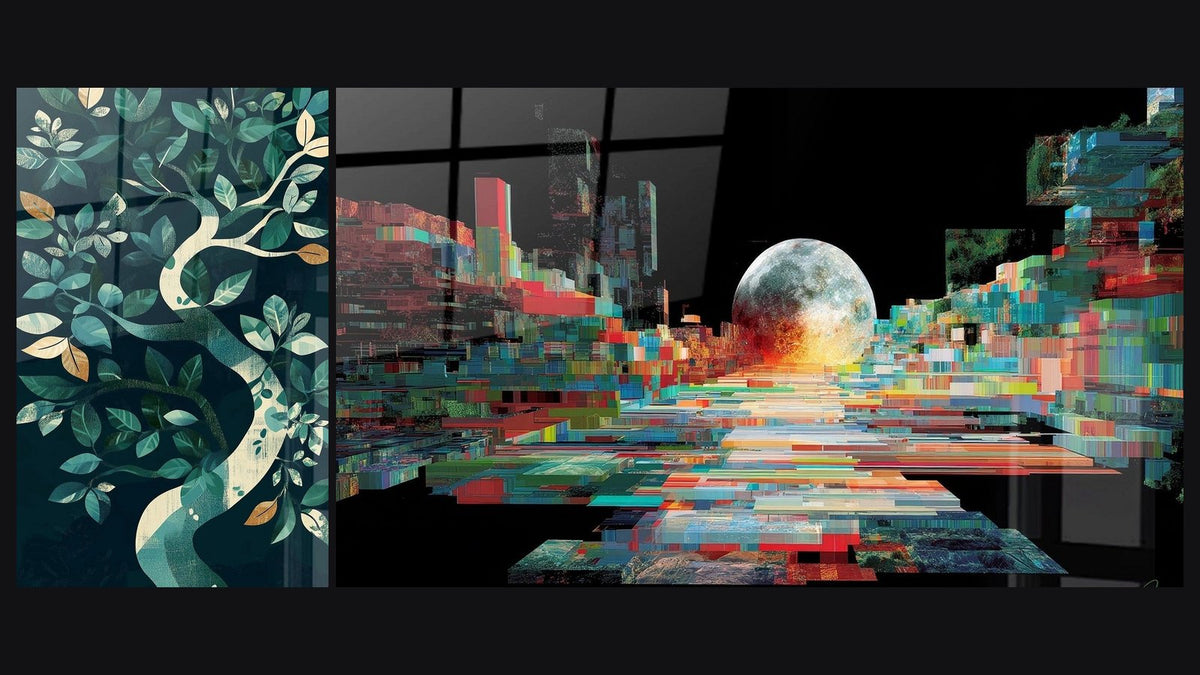 Due quadri affiancati: Serpente Risveglio Primaverile e Luna Pixelata Futurista
