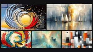 Mosaïque de cinq tableaux, dont Spirale dorée explosive, Métamorphose Cosmique et Au Cœur de la Brise