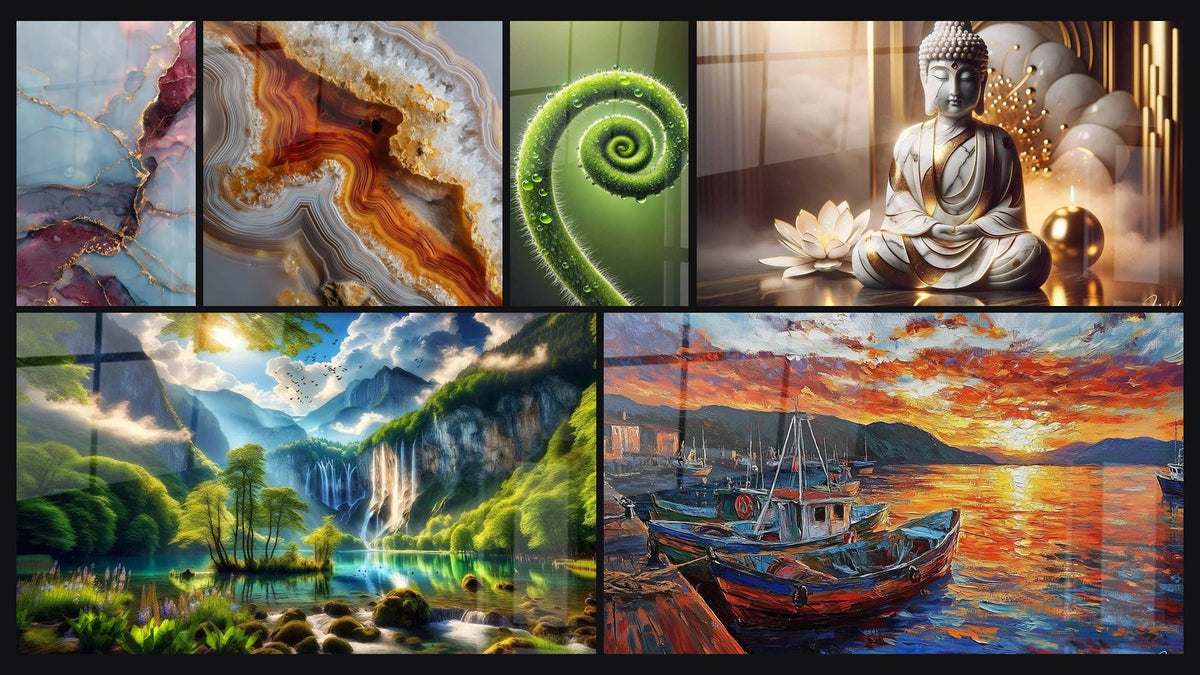 Mosaico de seis cuadros, entre ellos Espiral de la Vida, Paz Mármol y Edén Verde con Mil Cascadas