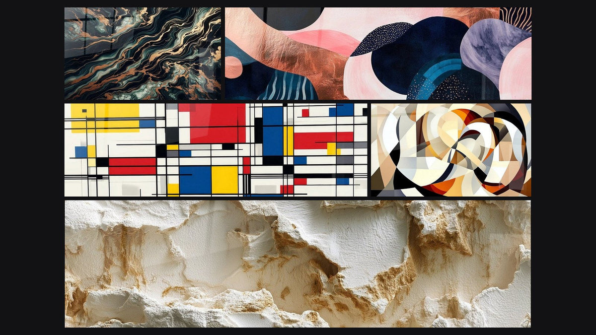 Mosaico de cinco cuadros, entre ellos Flujo Aurífero, Composición geométrica y Formas circulares entrelazadas