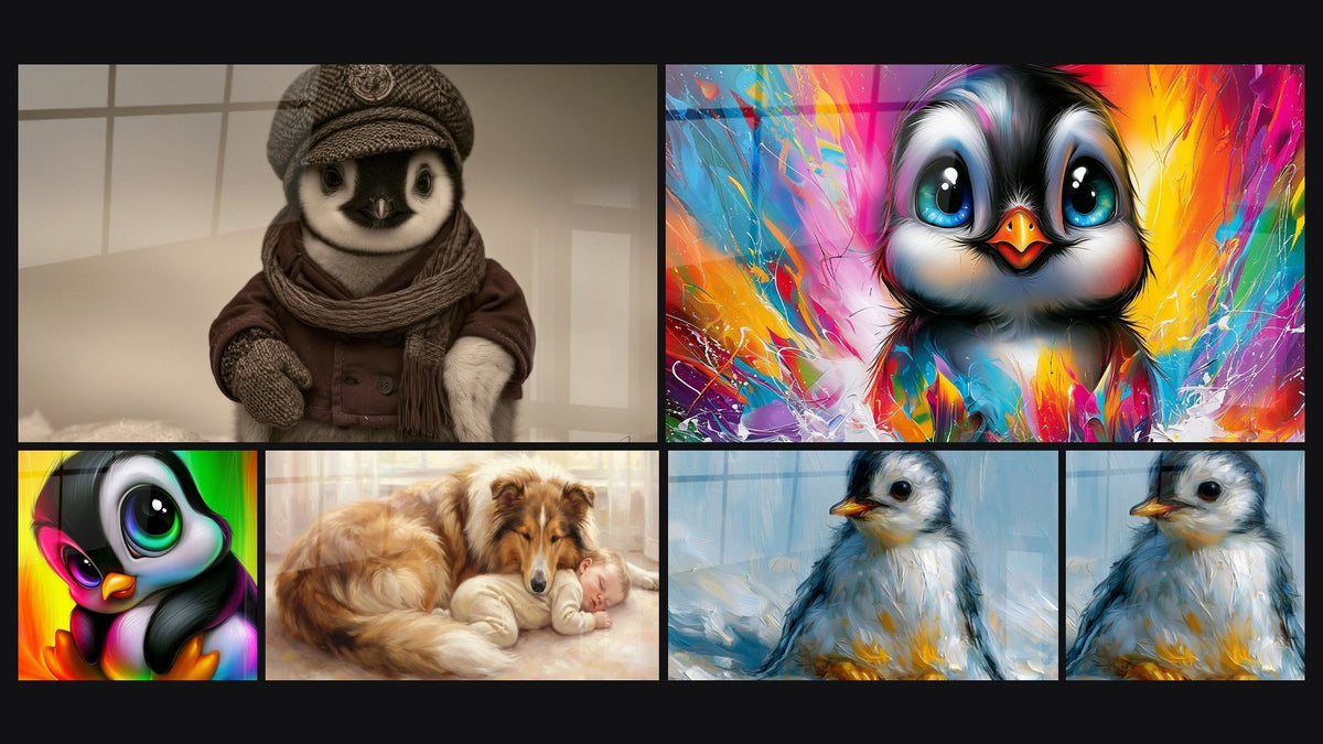 Mosaïque de six tableaux, dont Bébé pingouin aux yeux verts et violets et Chien et Bébé Dormant Ensemble