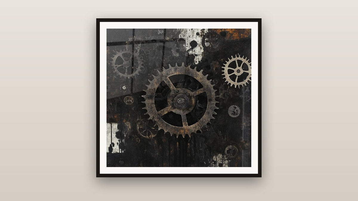 Tableau encadré sur un mur : Engrenages industriels
