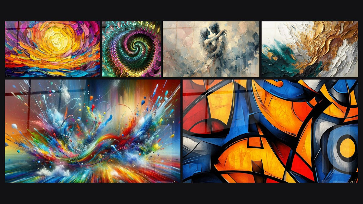 Mosaico de seis cuadros, entre ellos Puesta de sol espiral, Espiral fractal multicolor y Entre Nosotros