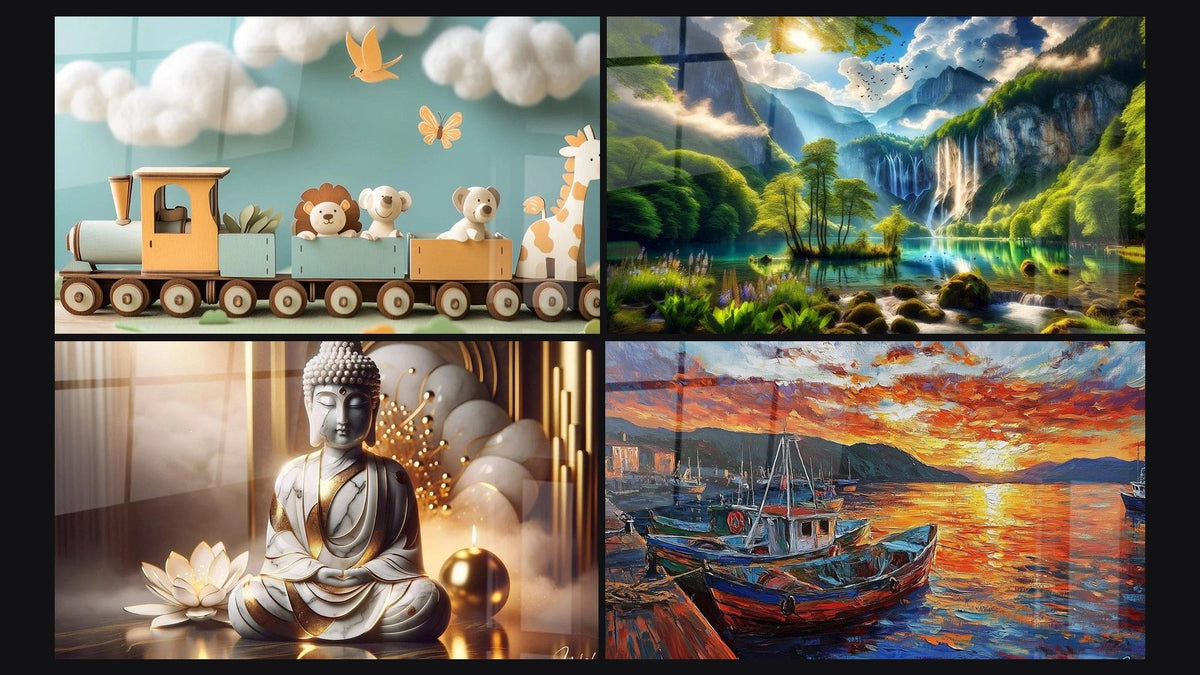 Mosaic of four paintings, including Marbled Peace, Green Eden Waterfall and Harbor Wall Art No. 3
