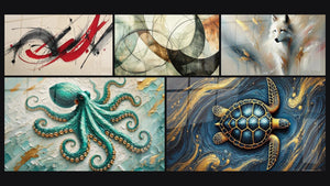Mosaïque de cinq tableaux, dont Mouvement gestuel, Les Liens Invisibles et Émeraude des Abysses