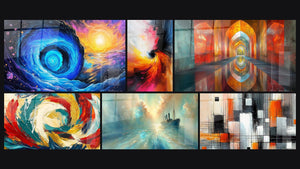 Mosaico de seis cuadros, entre ellos Vórtice cósmico, Espiral dinámico colorido y Arcos Brillantes Color Bermellón
