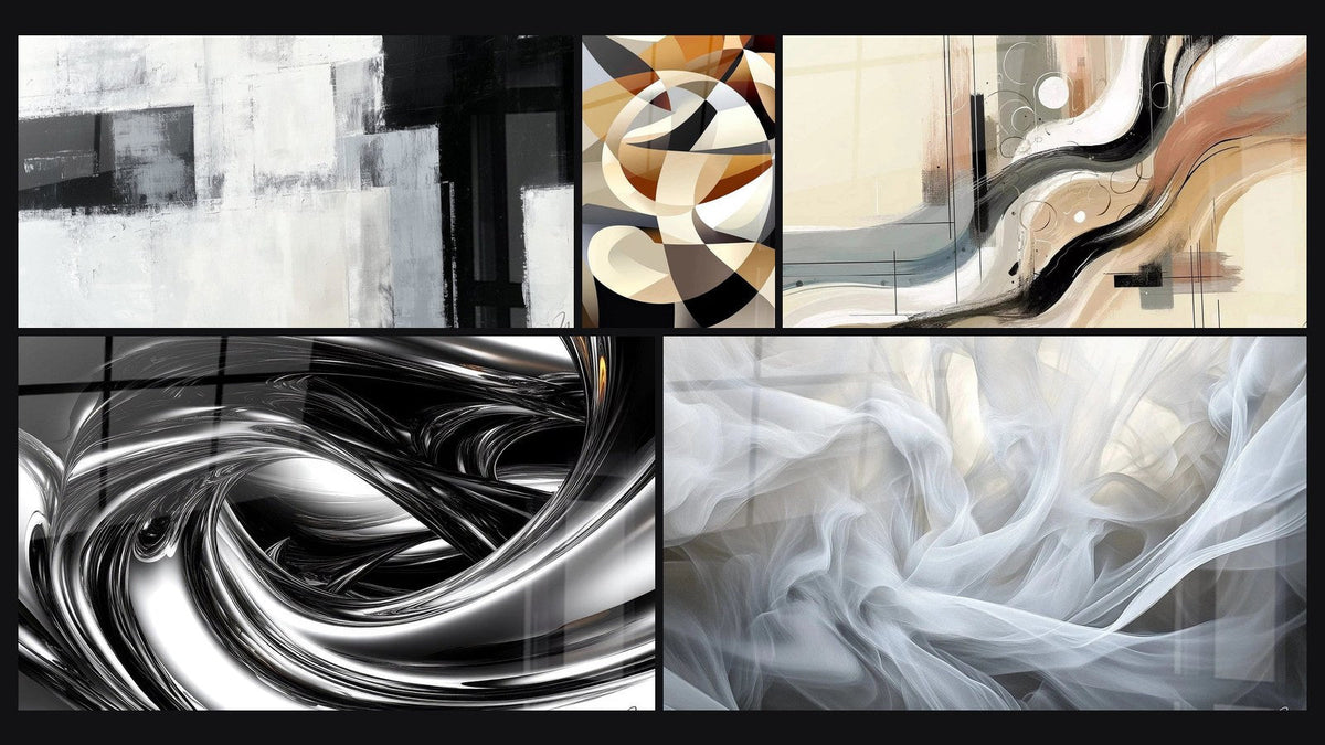 Mosaic of five paintings, including Metallic Whirlpool, Interlaced Circular Shapes and Sillage Abstract