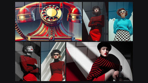 Mosaic of six paintings, including Vintage Call and Woman beret black skirt red arms crossed