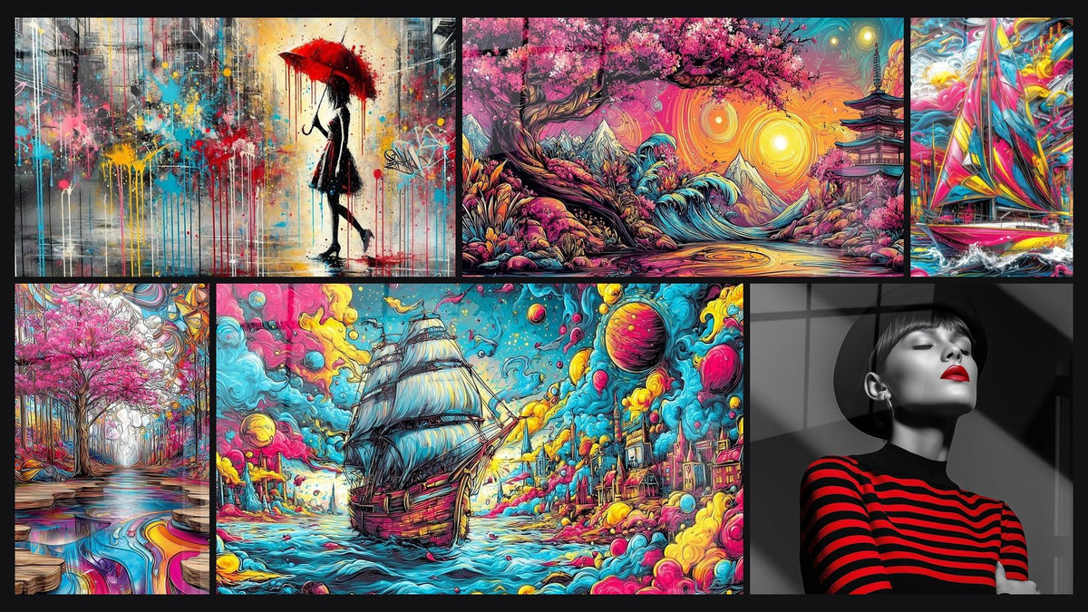Mosaico de seis cuadros, entre ellos Bajo la lluvia cromática, Paisaje japonés cerezos y Bosque psicodélico
