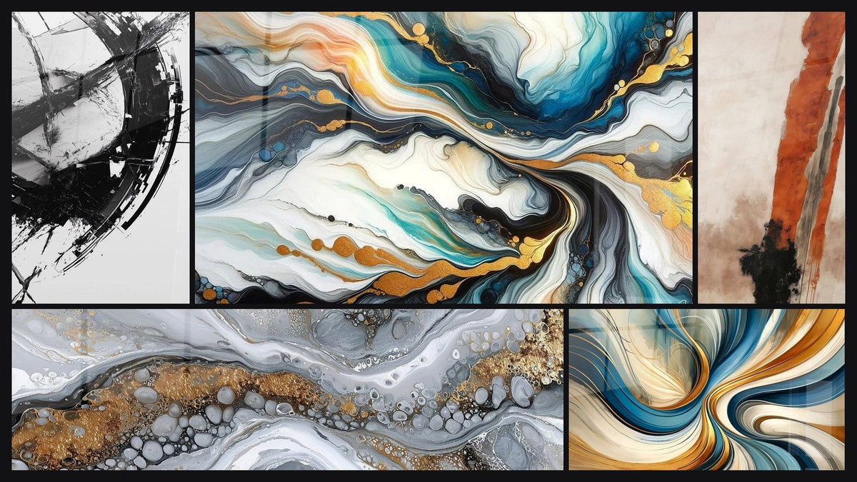 Mosaik aus fünf Gemälden, darunter Der Bruch der Zeit, Farbige Strömungen und Elegante Spiralen