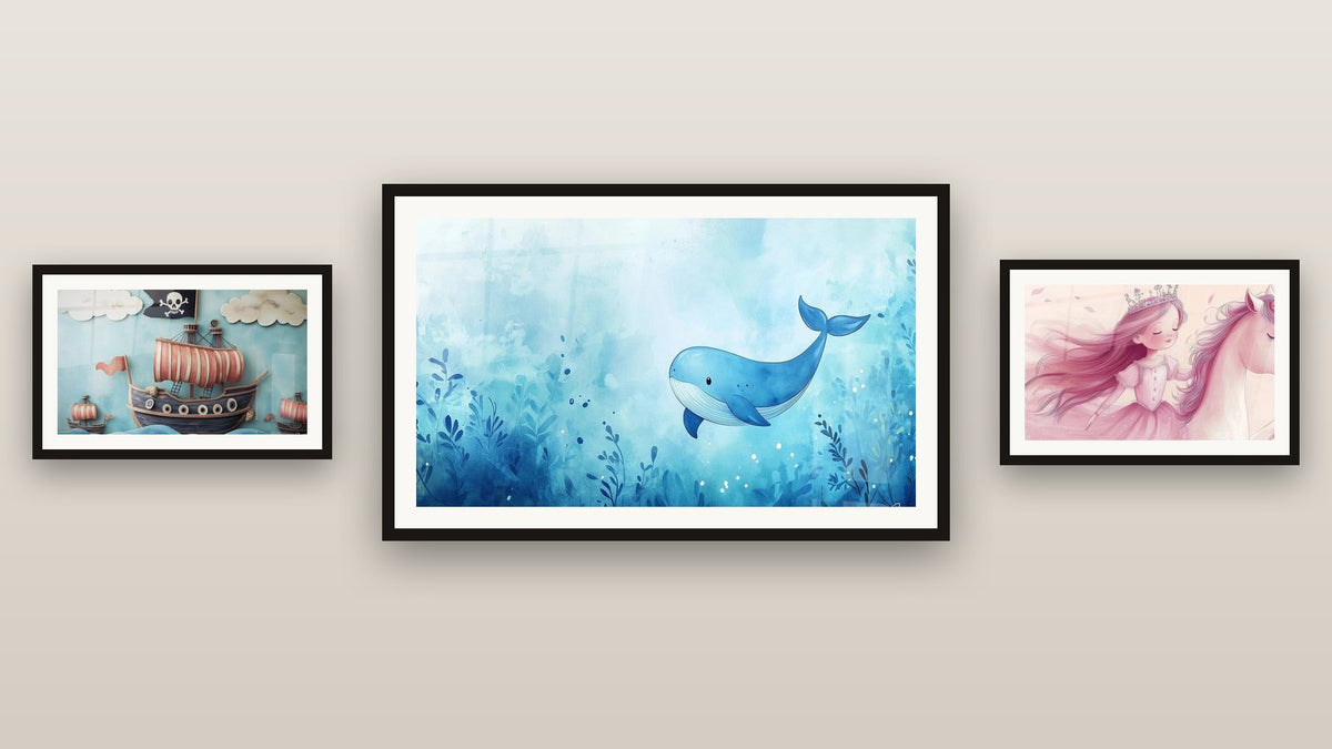 Mur de galerie avec trois tableaux encadrés : Enfants N°9, Princesse N°1 et Pirate N°2
