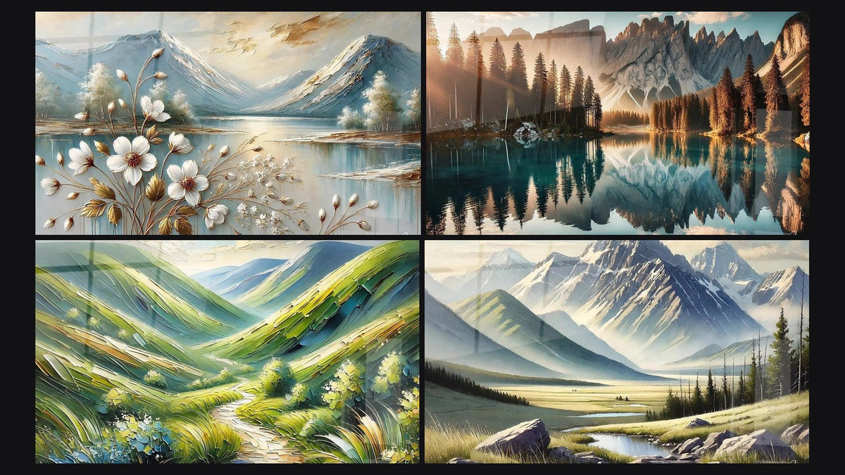 Mosaico di quattro quadri, tra cui Fiori e Vette, Lago dei Lumi e Poesia Alpina
