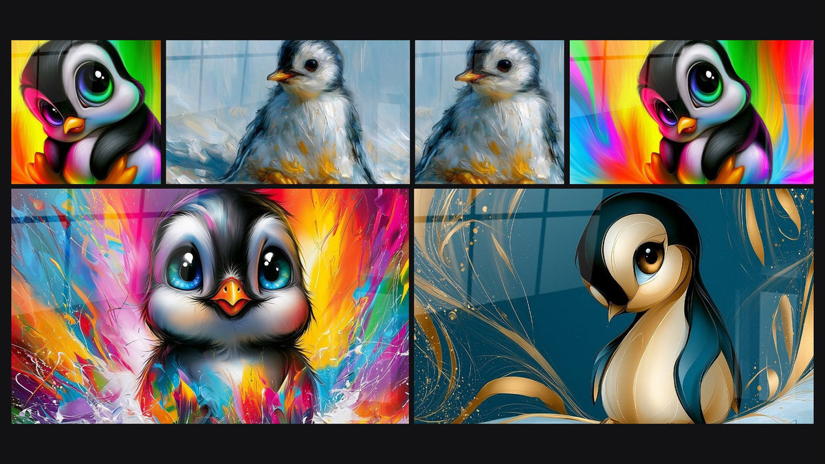 Mosaïque de six tableaux, dont Bébé pingouin aux yeux verts et violets et Bébé pingouin aux yeux bleus éclatants