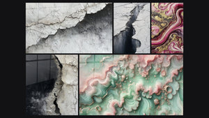 Mosaico de cinco cuadros, entre ellos Textura Mural Agrietada Blanco y Gris, Grieta Glaciar Gris y Negro y Bruma Esmeralda
