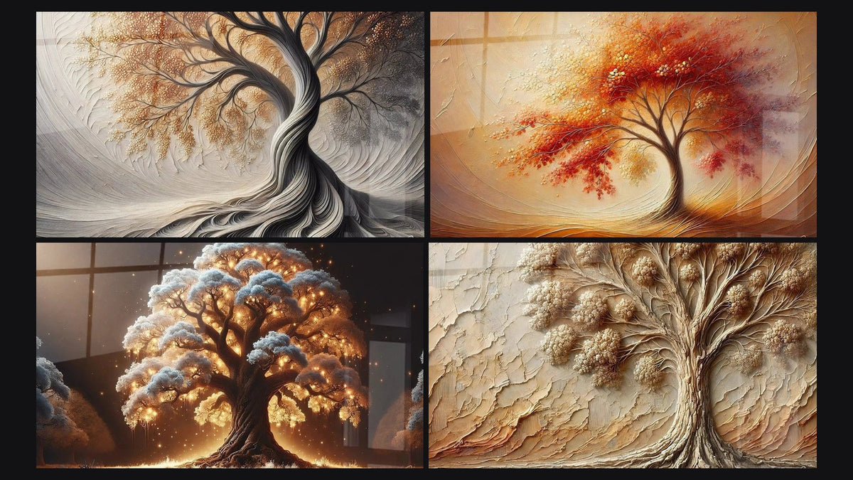 Mosaïque de quatre tableaux, dont Souffle de la Terre, Danse des Saisons et Arbre de Nuit