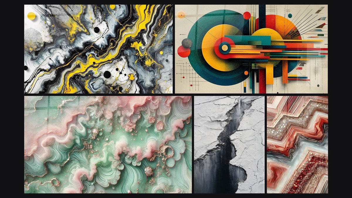 Mosaico de cinco cuadros, entre ellos Impacto Negro, Bruma Esmeralda y Grieta Glaciar Gris y Negro