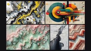 Mosaic of five paintings, including Black Impact, Emerald Mist and Glacier Crevasse Wall Art Grey and Black