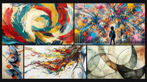 Mozaïek van vijf schilderijen, waaronder Cosmische Metamorfose, Abstracte compositie en Moderne Muurschildering