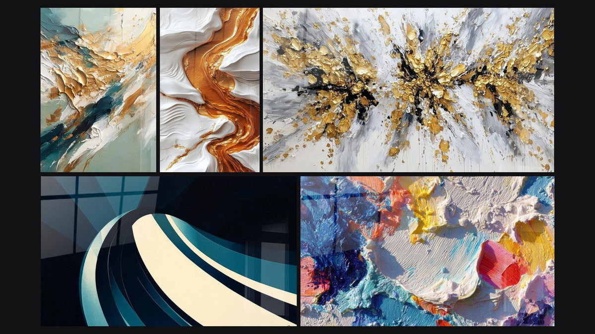 Mosaic of five paintings, including Golden Flux and Reflux and Modern Spiral Wave