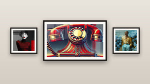 Gallery wall with three framed paintings, including Vintage Call and Man in Yellow Shirt Among Blue Hydrangeas