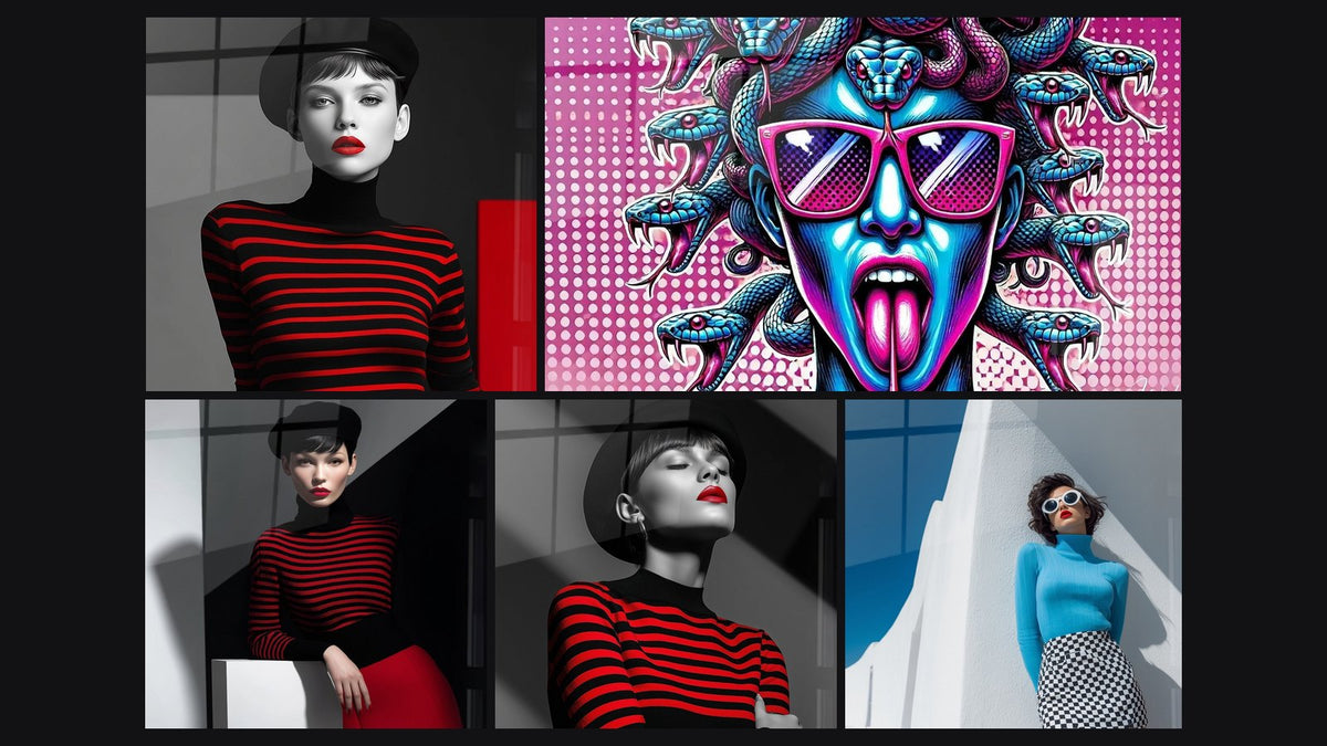 Mosaic of five paintings, including Woman with Red Lips and Black Beret and Woman red and black leaning on white cube