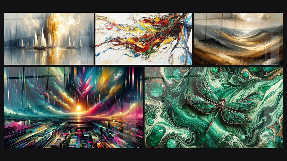 Mosaico de cinco cuadros, entre ellos Aurora sobre la Bahía, Musa Moderna y Amanecer de los Tiempos Modernos