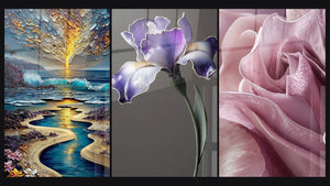 Mosaic of three paintings: Tropical Sunset, Iris Wall Art No. 9 and Tulip Wall Art N°2