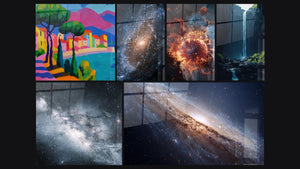 Mosaic of six paintings, including Colorful Coastal Village, Spiral Galaxy and Milky Way
