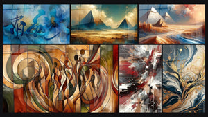Mosaico de seis cuadros, entre ellos Abstracto azul dorado, Los Misterios de las Arenas y Danza de Siluetas