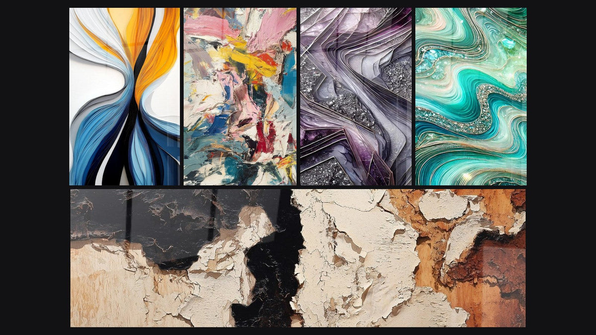 Mosaico de cinco cuadros, entre ellos Flujo dinámico colorido, Explosión de colores y Lámparas de Cuarzo