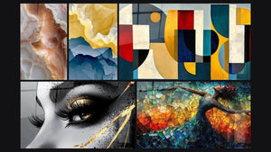 Mosaïque de cinq tableaux, dont Cimes dorées et vagues bleu marine, Formes géométriques colorées et Œil larme d'or