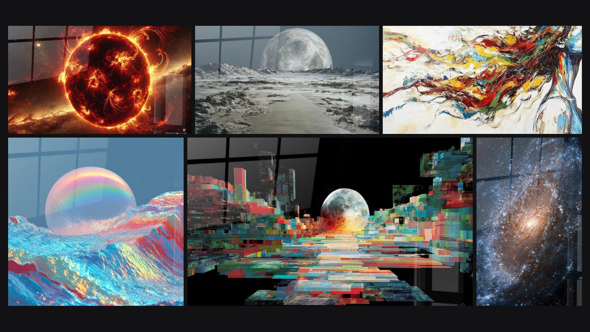 Mosaico de seis cuadros, entre ellos Coloso de Fuego, Paisaje Lunar Futurista y Luna Iridescentes Olas