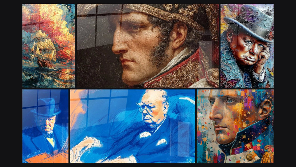 Mosaico di sei quadri, tra cui Nave Epopea Colorata, Napoleone Sguardo d'Aquila e Uomo con cappello Pensiero Turbinante