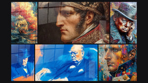 Mosaic of six paintings, including Ship Epic Colorful, Napoleon Eagle Gaze and Man With Hat Whirling Thought