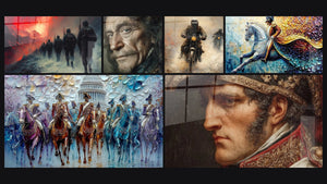 Mosaic of six paintings, including Soldiers Purple Horizon, Richelieu Eternal Gaze and Steel motorcycle cavaliers