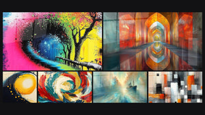 Mosaïque de six tableaux, dont Arbre coloré explosion, Spirale cosmique solaire et Voûtes Chatoyantes Vermillon