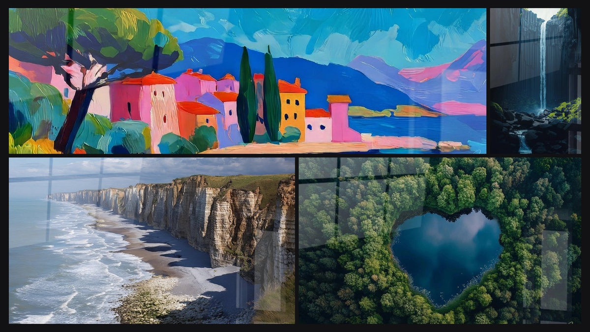 Mosaico di quattro quadri, tra cui Villaggio mediterraneo colorato, Delle scogliere di Étretat e Cascata N°2