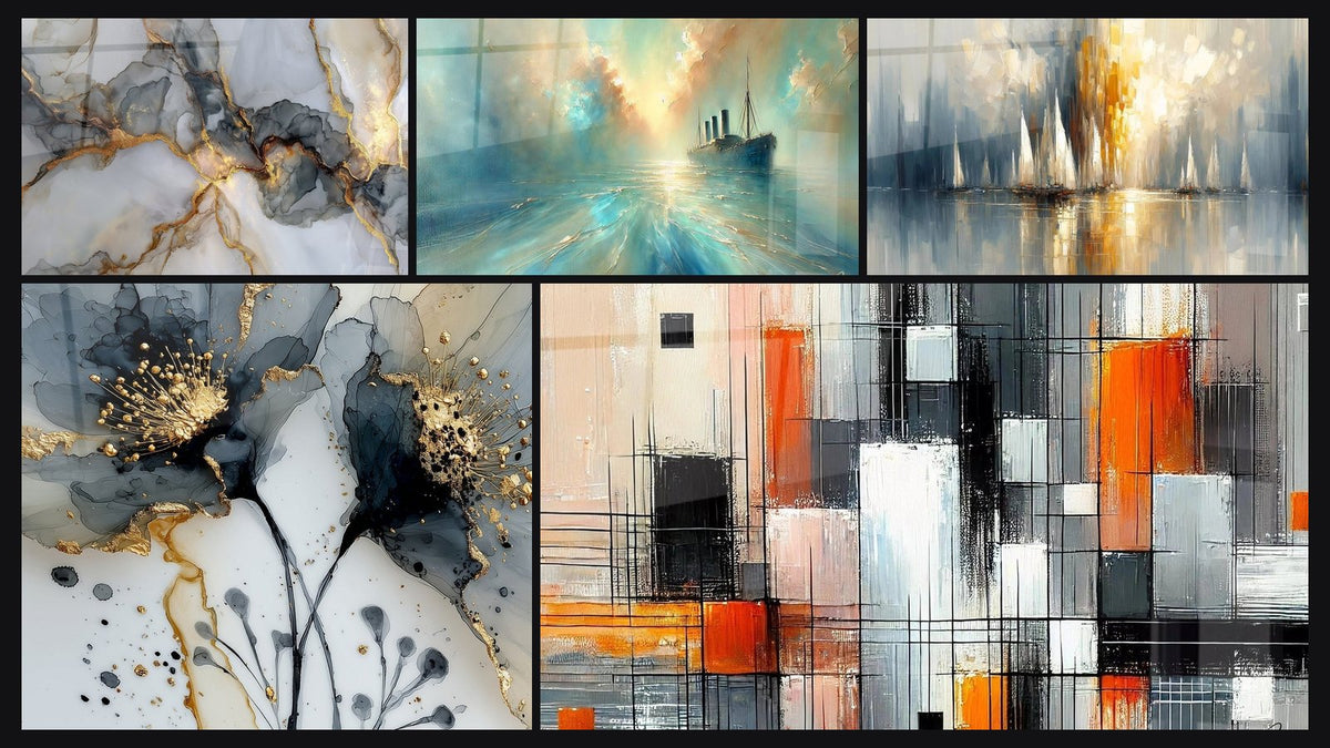 Mosaico di cinque quadri, tra cui Nel Cuore della Brezza, Meccanica dei Colori e Alba sulla Baia