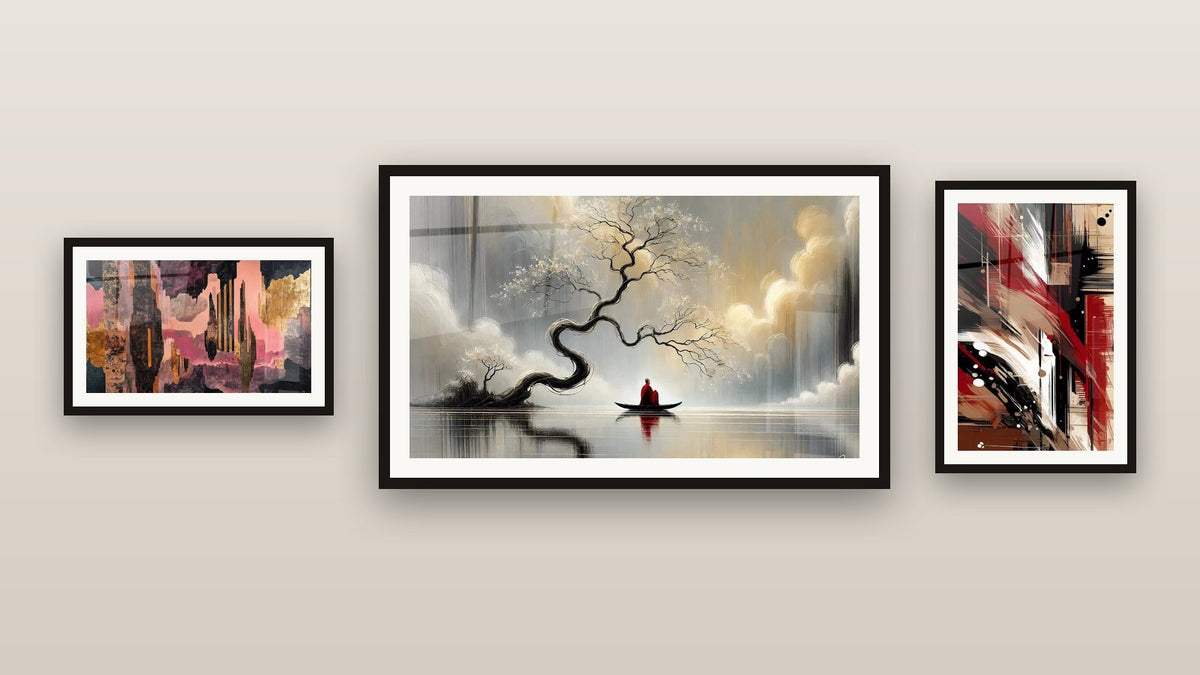 Gallery wall with three framed paintings: Structured Disorder Abstract, Golden Mystery Strata and Inner Journey