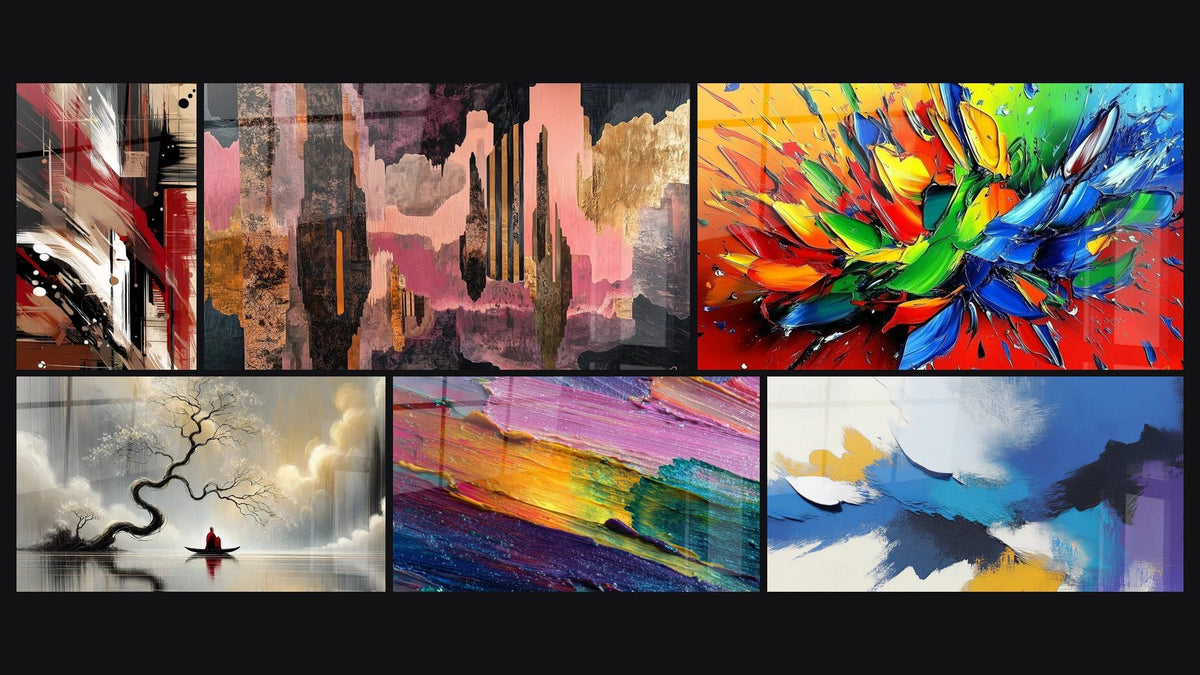 Mosaïque de six tableaux, dont Désordre Structuré, Strates Mystère Dorées et Voyage Intérieur