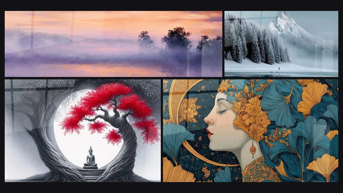 Mosaico di quattro quadri, tra cui Paesaggio nebbioso al tramonto, Viaggio Meditativo e Donna Meditazione Dorata