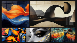 Mosaico de cinco cuadros, entre ellos Corriente Estelar, Formas orgánicas onduladas y Formas geométricas coloridas