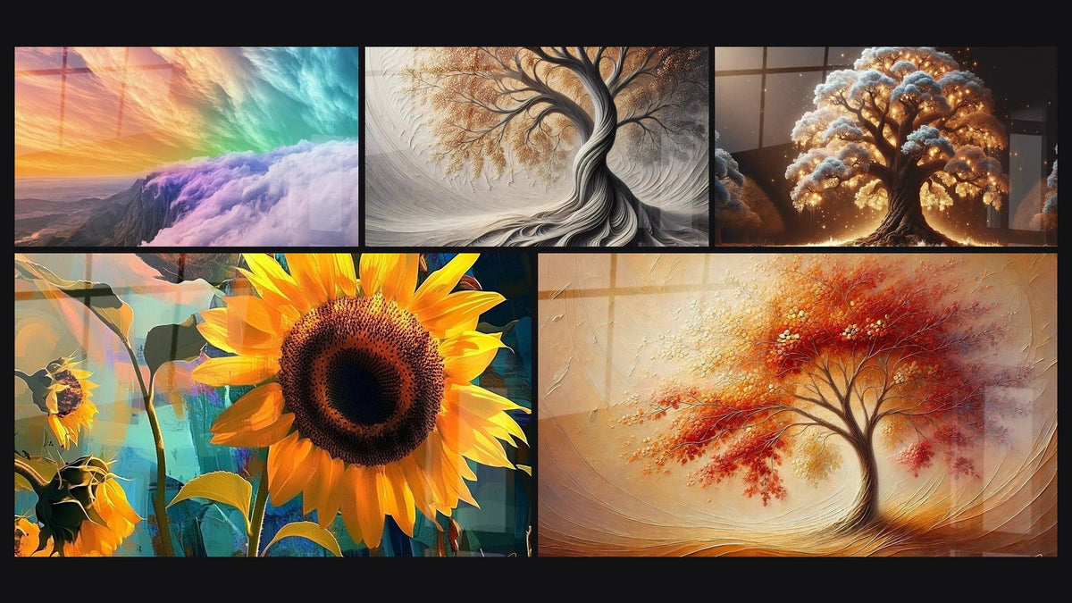 Mosaico de cinco cuadros, entre ellos Paisaje celestial arcoíris, Girasol N°1 y Aliento de la Tierra