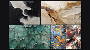 Mozaïek van vijf schilderijen, waaronder Gebarsten Aarde, Abstract Beige en Aardekleur en Tafel van kleurexplosie