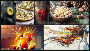 Mozaïek van zes schilderijen, waaronder Advocaat Nr. 1, Fusion Fruit en Pizzatabel nr. 1