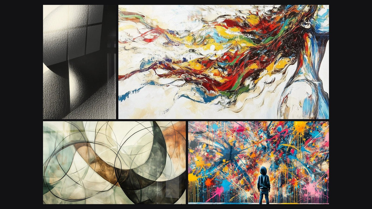 Mosaic of four paintings, including Geometric sphere, Modern Muse and The Invisible Bonds